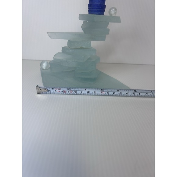 Modern Abstract Stacked Glass Candlestick Holder Blue Clear Frosted 7.5" - Picture 7 of 7